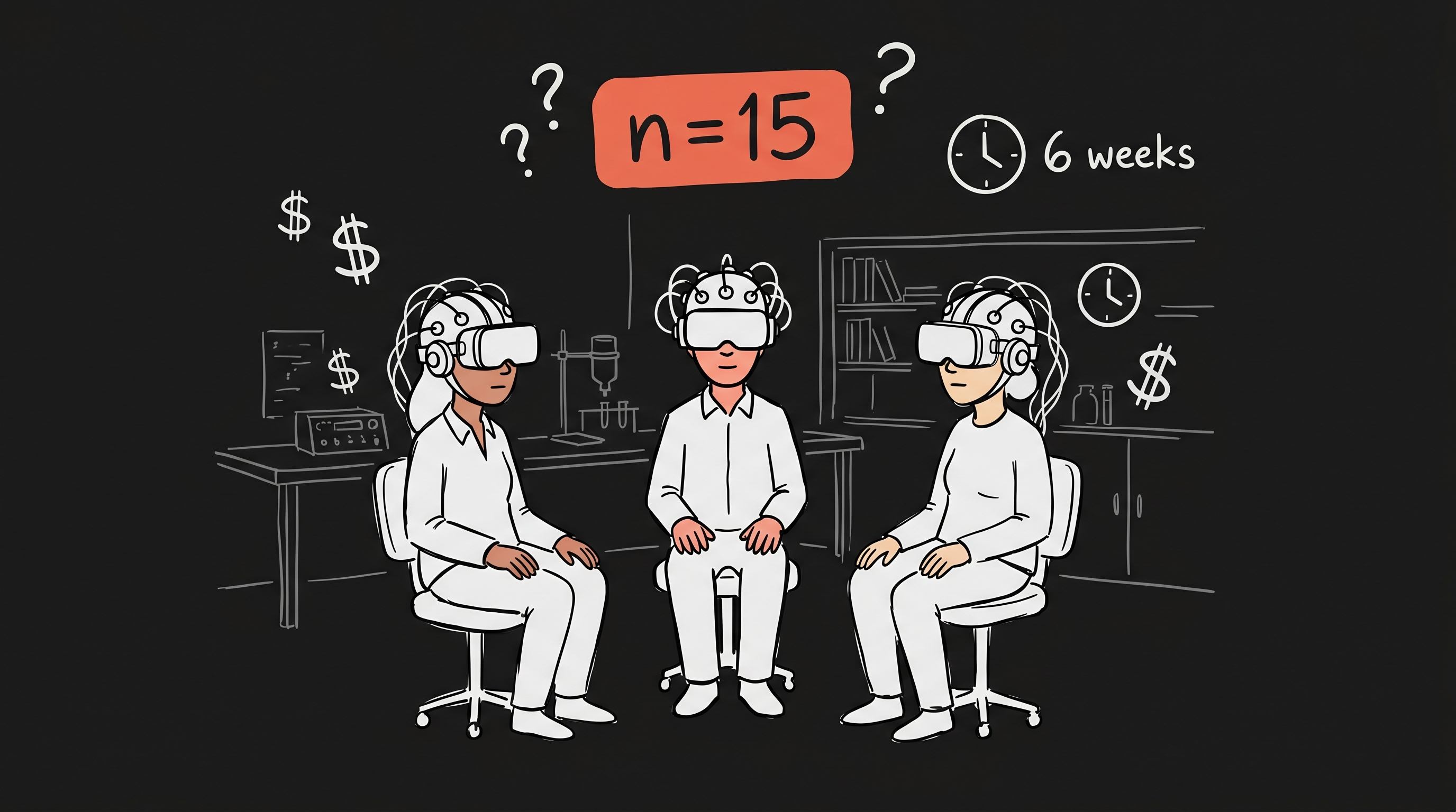 Hand-drawn illustration showing the limits of traditional neuromarketing: a small panel of participants wearing EEG headsets, labels for small sample size, long timelines and high cost