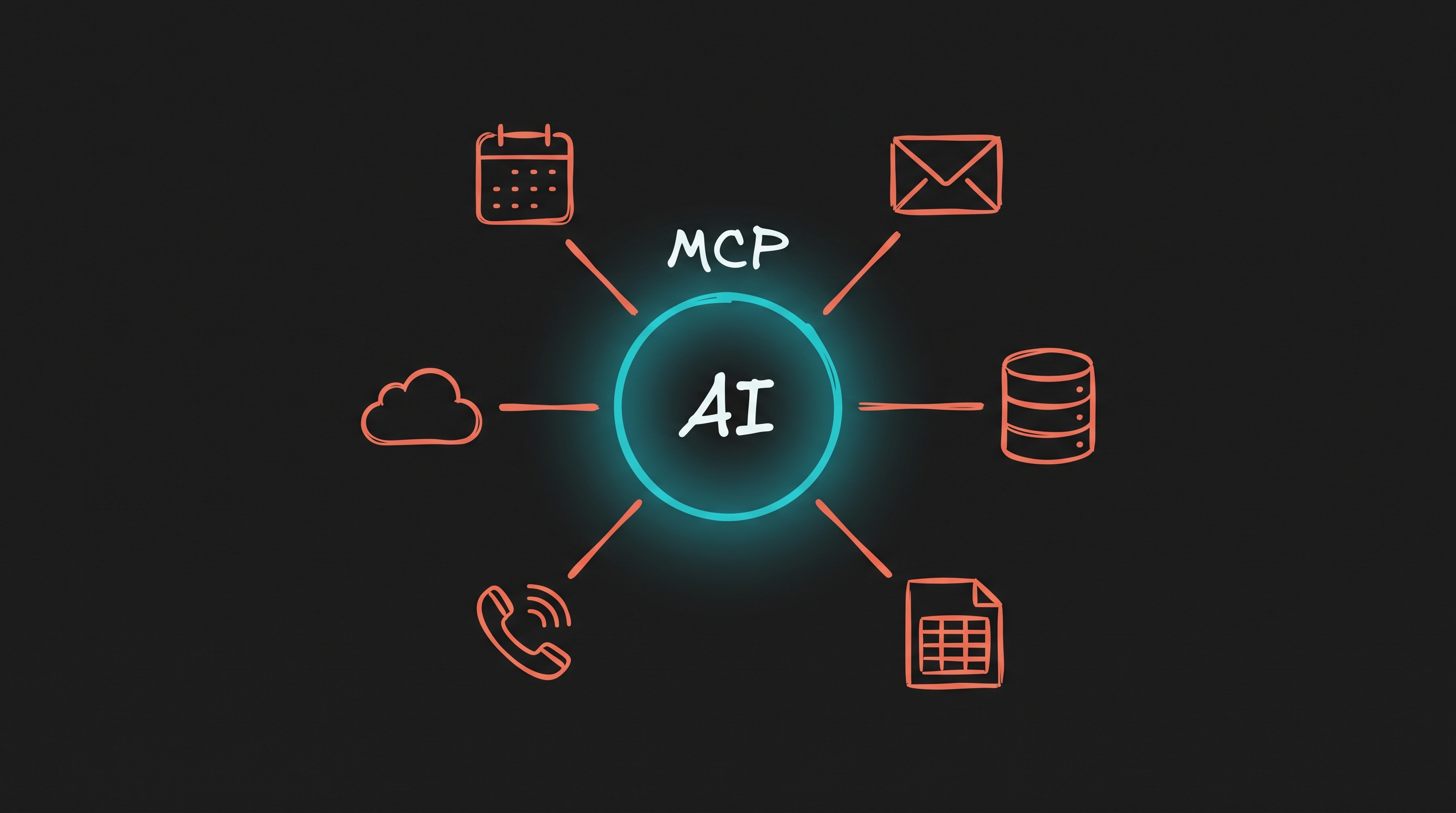 MCP verbindet einen zentralen KI-Agenten mit Kalender, E-Mail, Datenbank, Tabellen, Telefon und Cloud