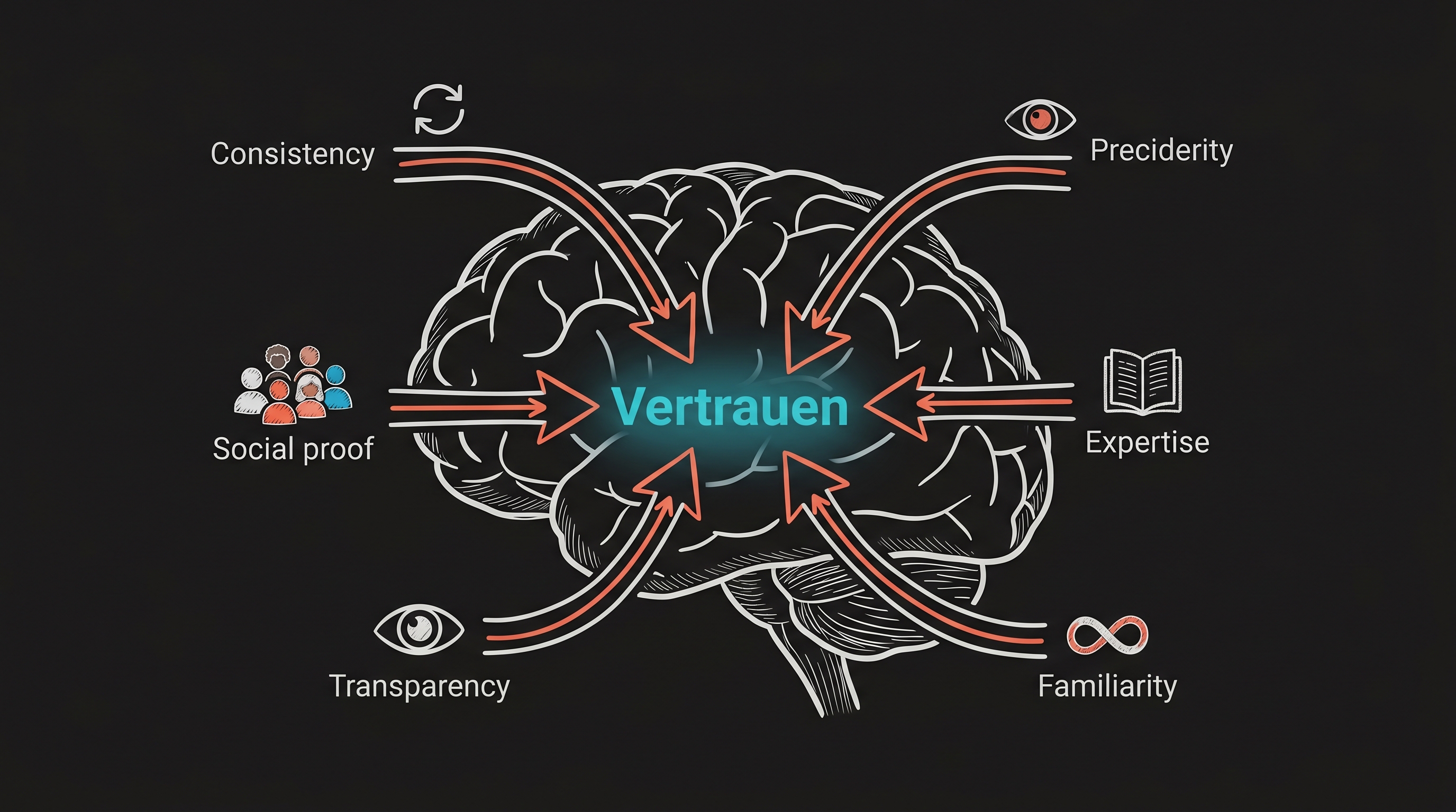 Vertrauenssignale als neuronale Pfade: Konsistenz, Social Proof, Transparenz, Expertise und Vertrautheit führen zu Vertrauen