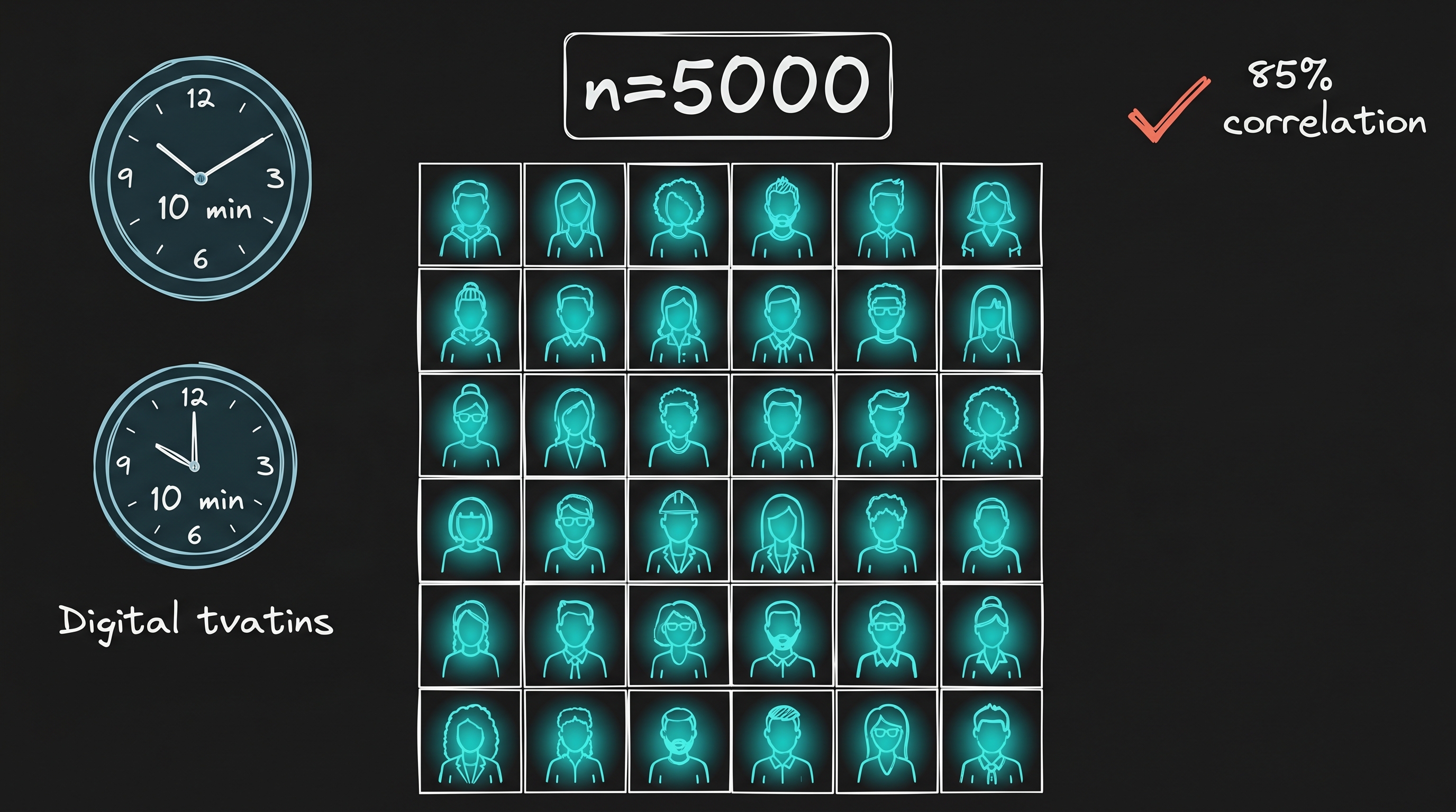 Hand-drawn illustration of Digital Twins at scale: a large teal grid of avatars with labels showing n=5000, 10 minutes, and 85 percent correlation with real human responses