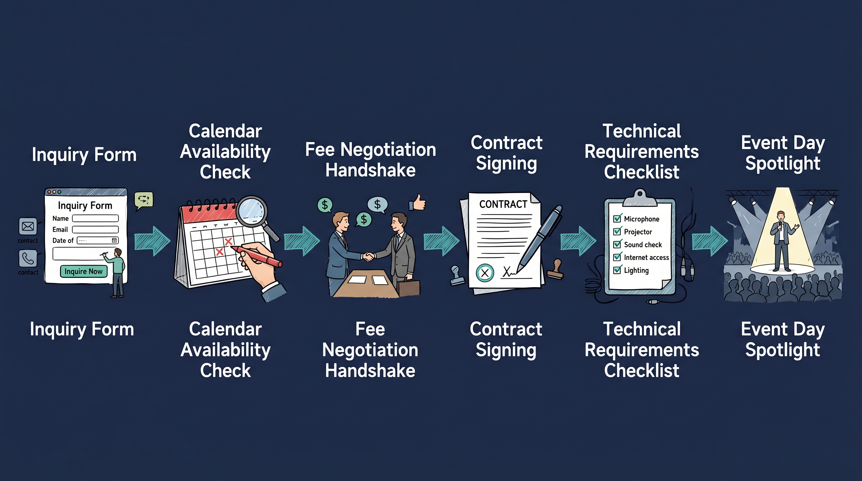 Speaker booking process flow inquiry availability fee negotiation contract technical requirements