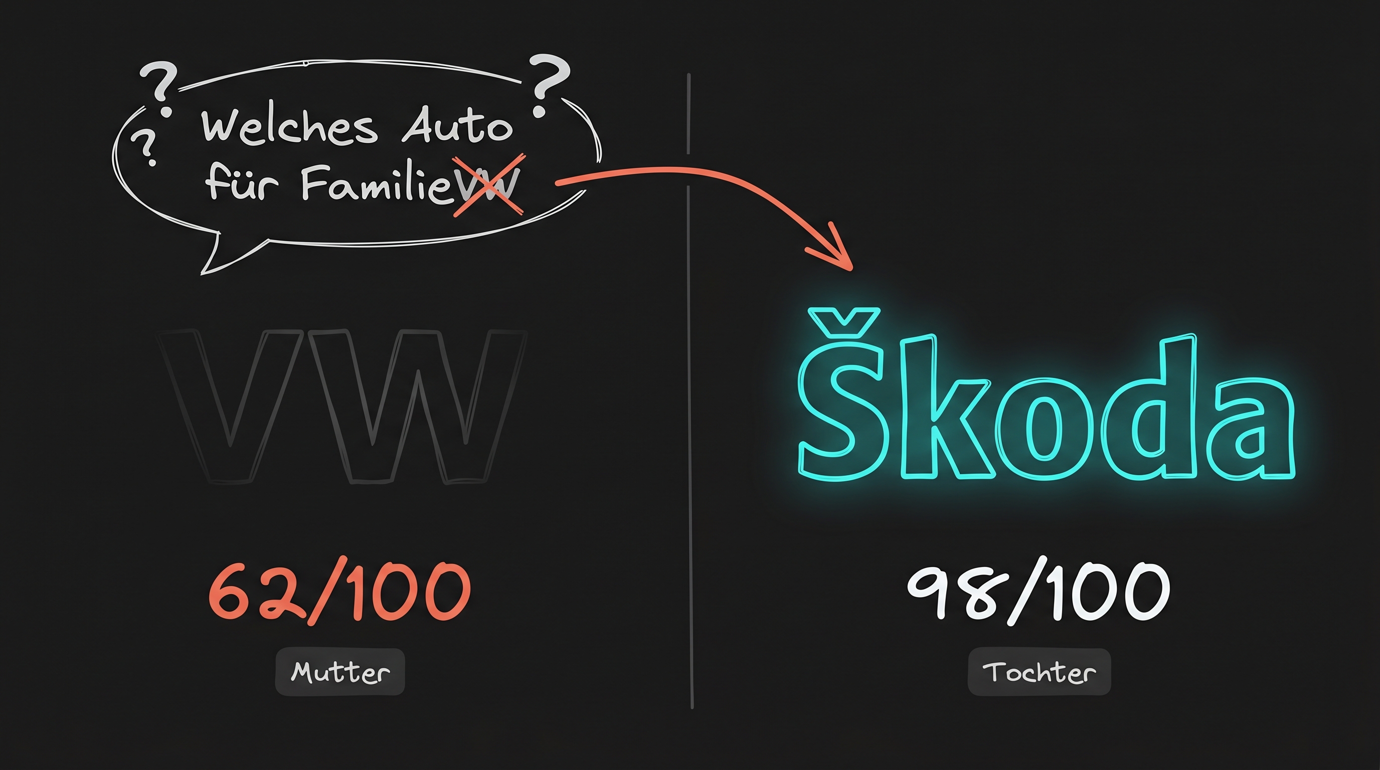Die Volkswagen-Skoda-Paradoxie: Die Mutter ist unsichtbar (62/100), die Tochter dominiert (98/100)