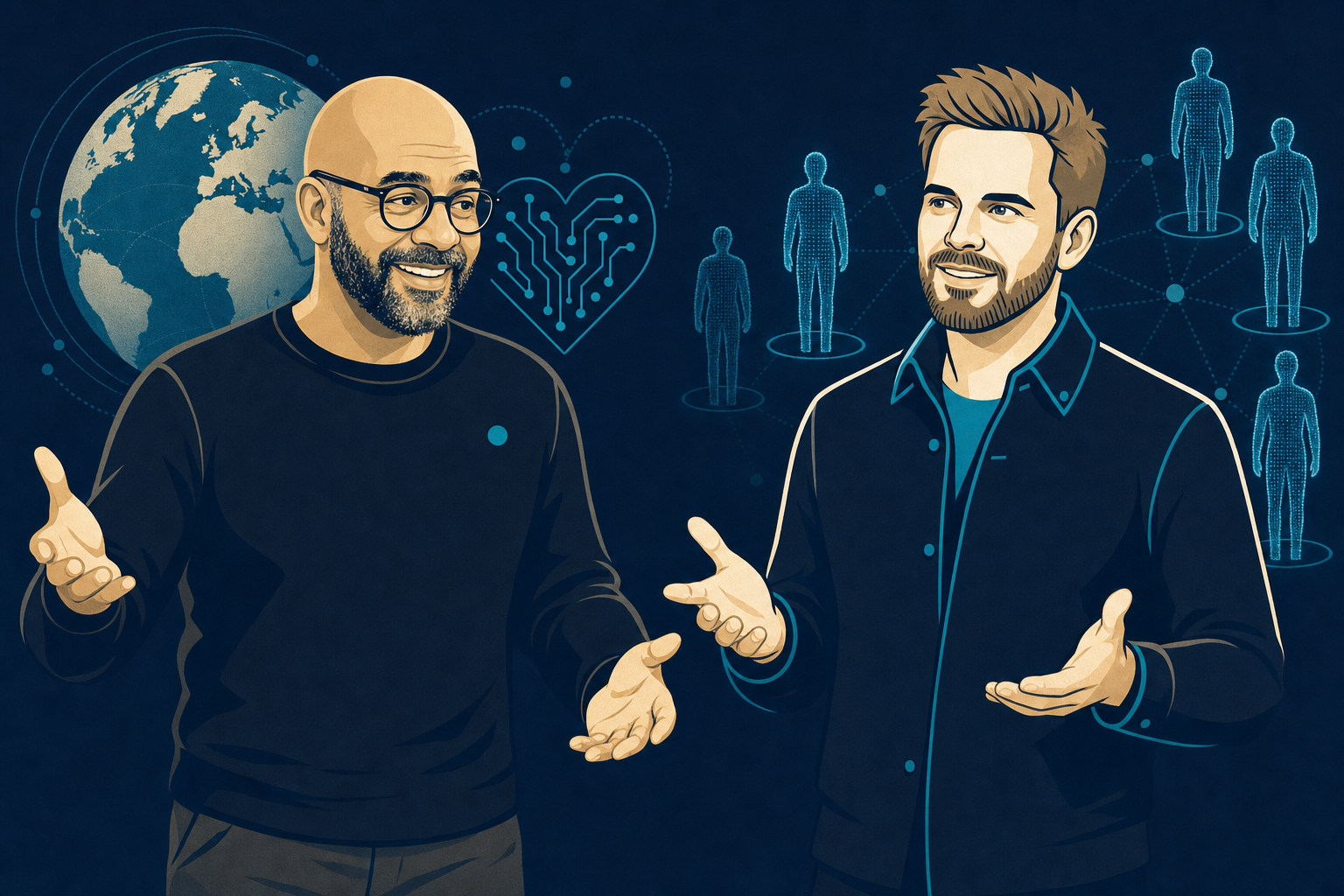 Mo Gawdat or Jonathan Mall - illustrated keynote speaker comparison