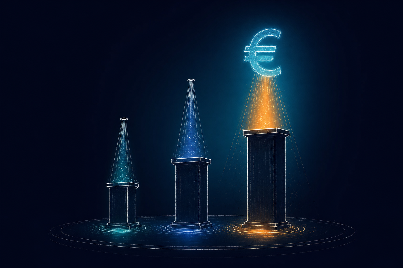 Drei Podeste mit Spotlights und Euro-Symbol — was ein KI-Keynote-Speaker 2026 kostet