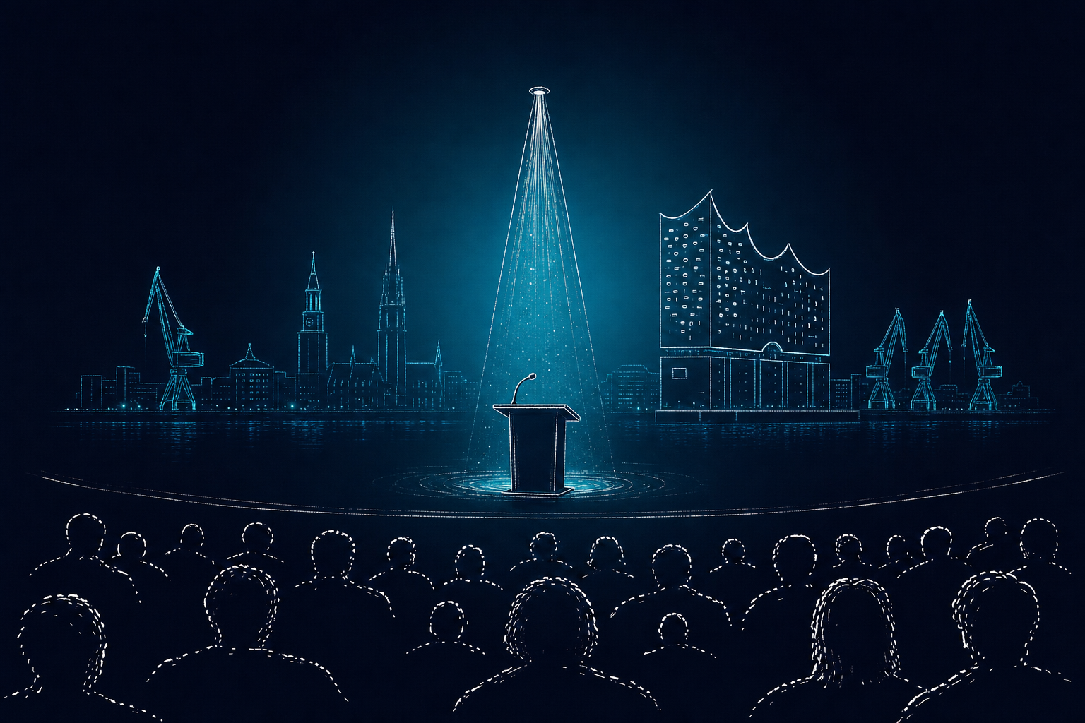Spotlight auf ein Rednerpult vor der Hamburger Skyline mit Elbphilharmonie — KI-Keynote-Speaker Hamburg