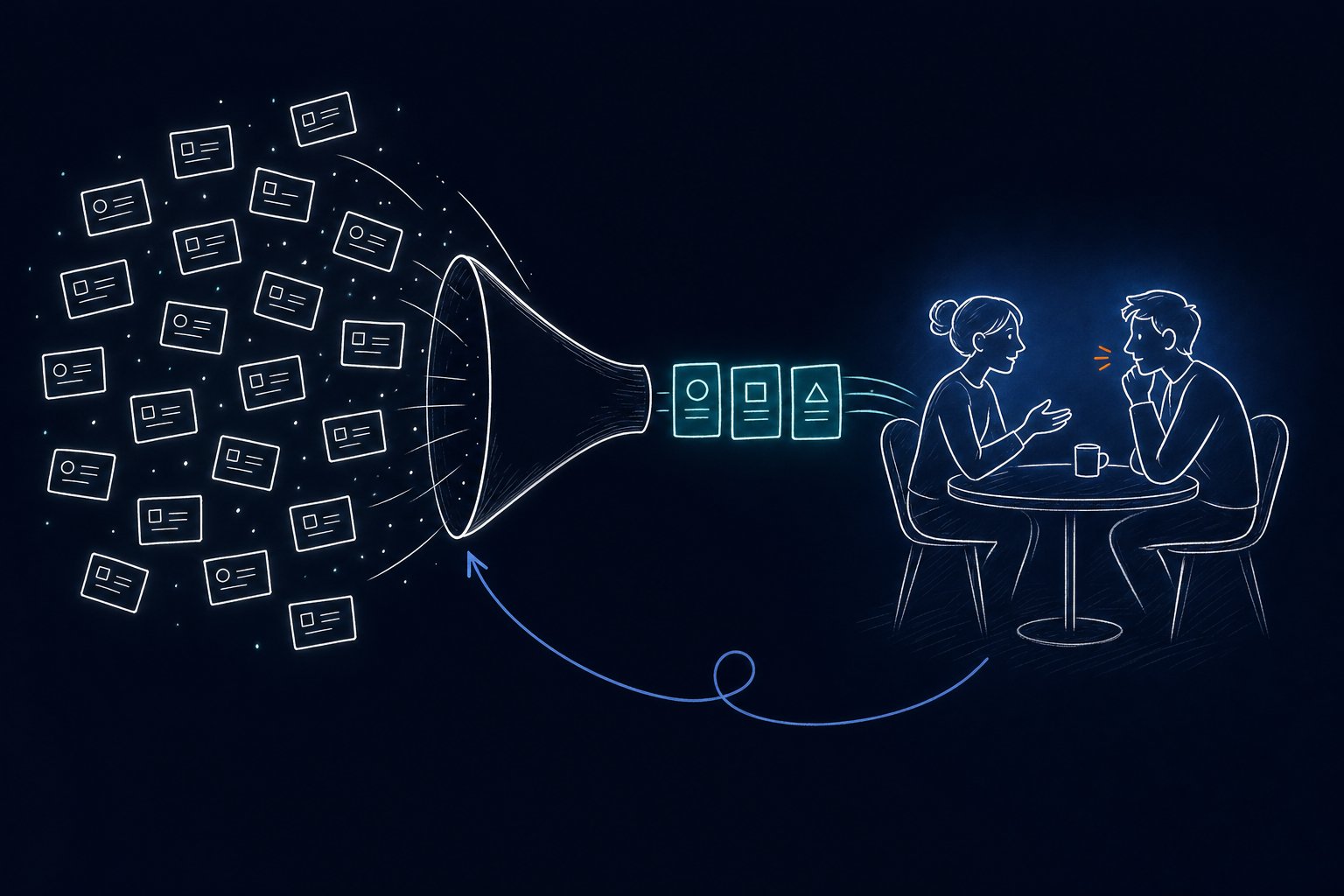 Hybrid-Workflow: viele Konzepte laufen durch einen Screening-Trichter, drei Favoriten gehen in ein echtes qualitatives Gespräch