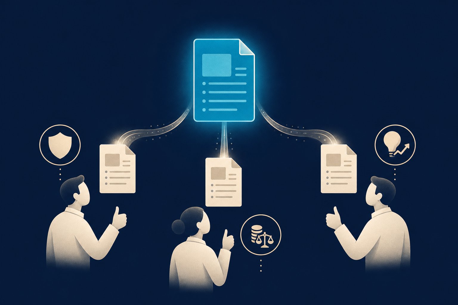 The same core message, cut into three versions tailored to finance, IT and strategy &mdash; each role recognizes the version aimed at it.