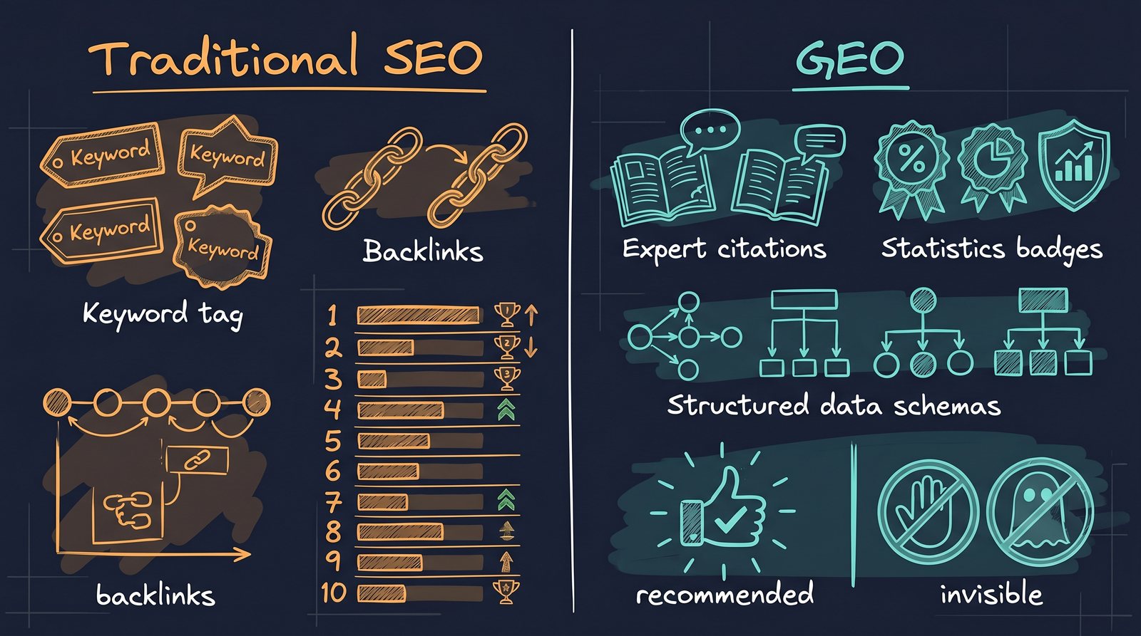 Vergleich SEO vs GEO Keywords und Backlinks vs Expertenzitate Statistiken Structured Data