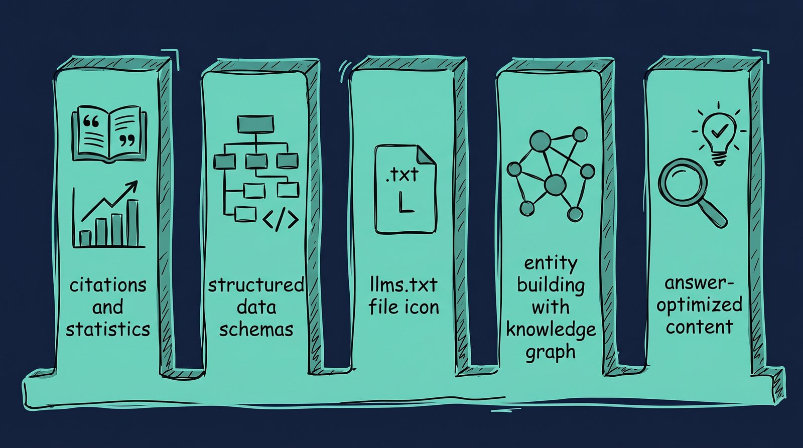Fünf Strategien für KI-Sichtbarkeit Expertenzitate Structured Data llms.txt Entity Building