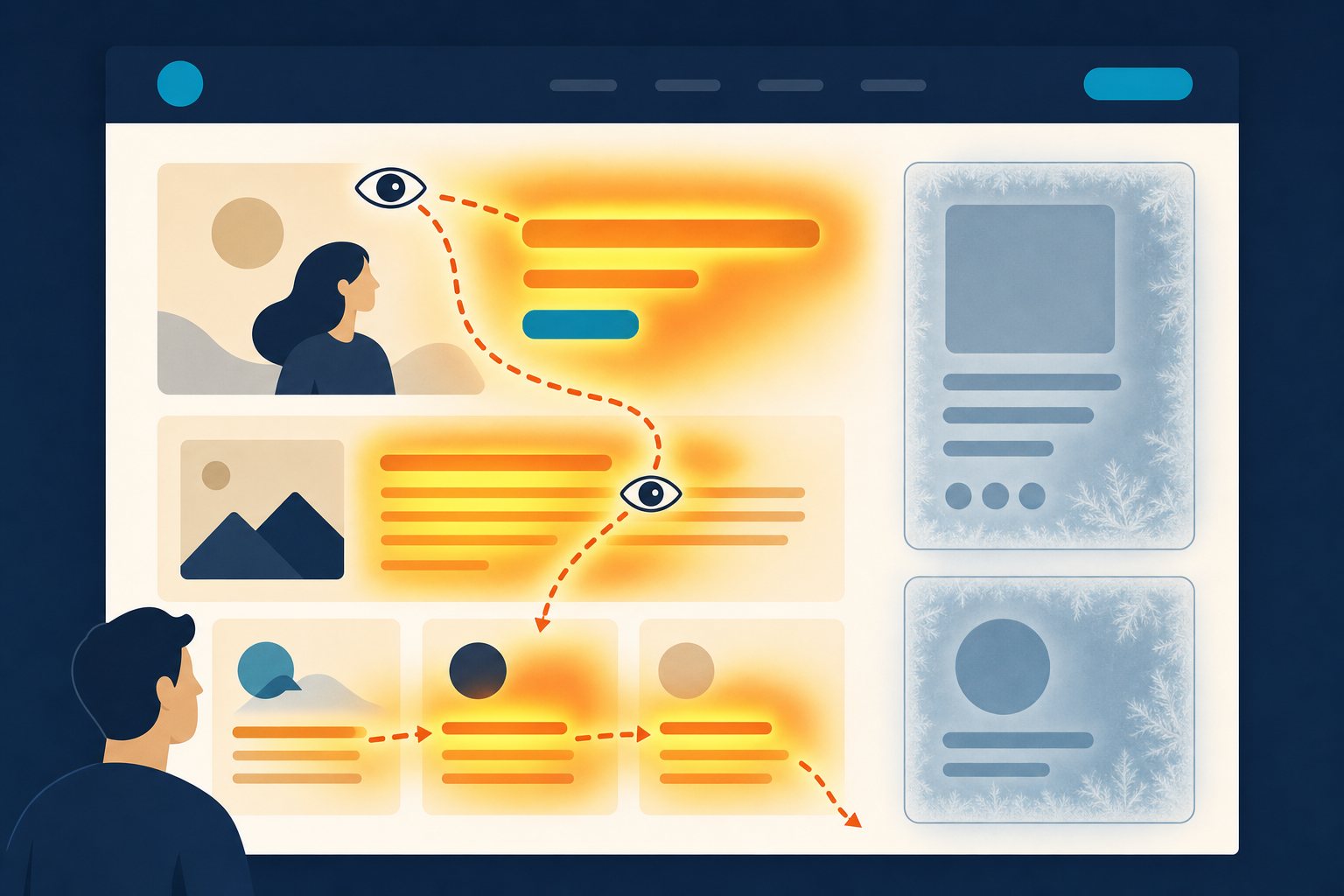 Stylized recreation: eye-tracking heatmap: the gaze avoids promotional zones