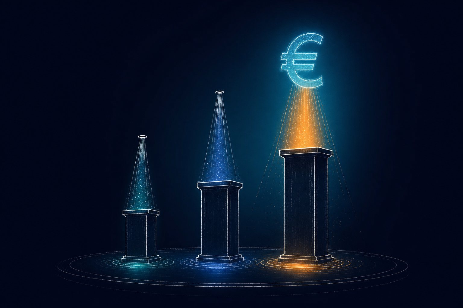 Drei Podeste mit Spotlights und Euro-Symbol — was ein KI-Keynote-Speaker 2026 kostet