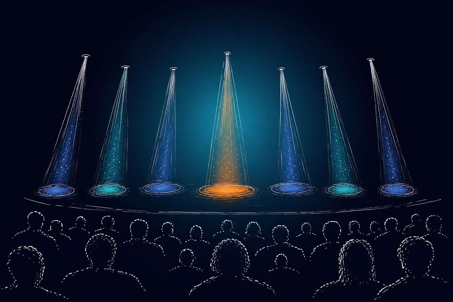 Sieben Spotlights auf einer Bühne — die besten KI-Keynote-Speaker 2026 im Vergleich