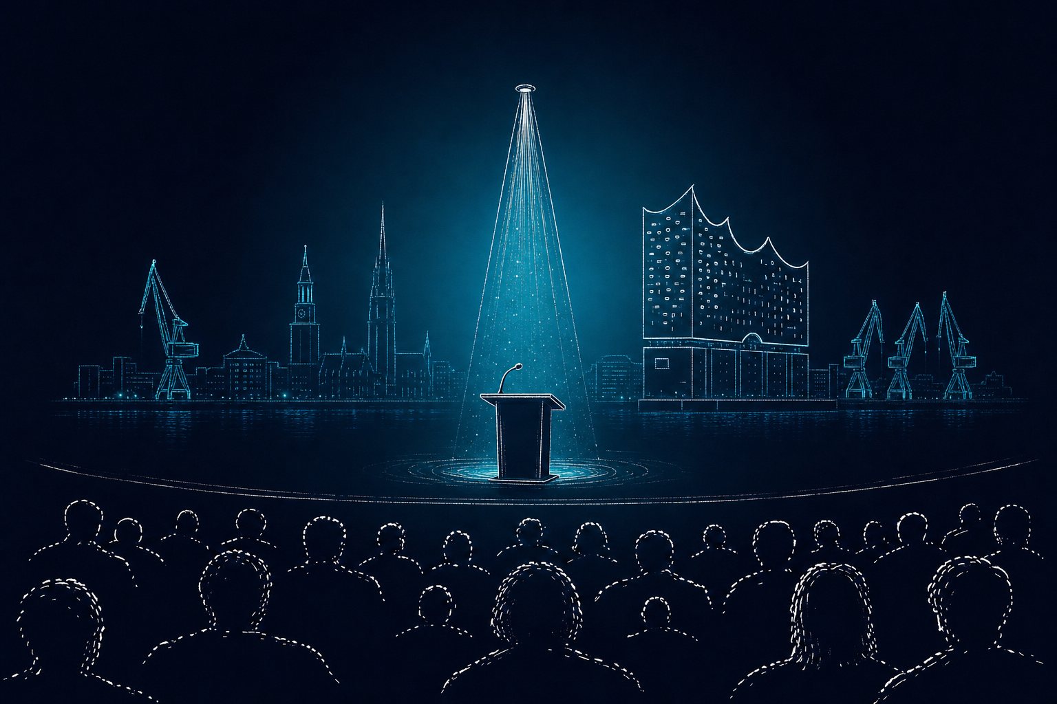 Spotlight auf ein Rednerpult vor der Hamburger Skyline mit Elbphilharmonie — KI-Keynote-Speaker Hamburg