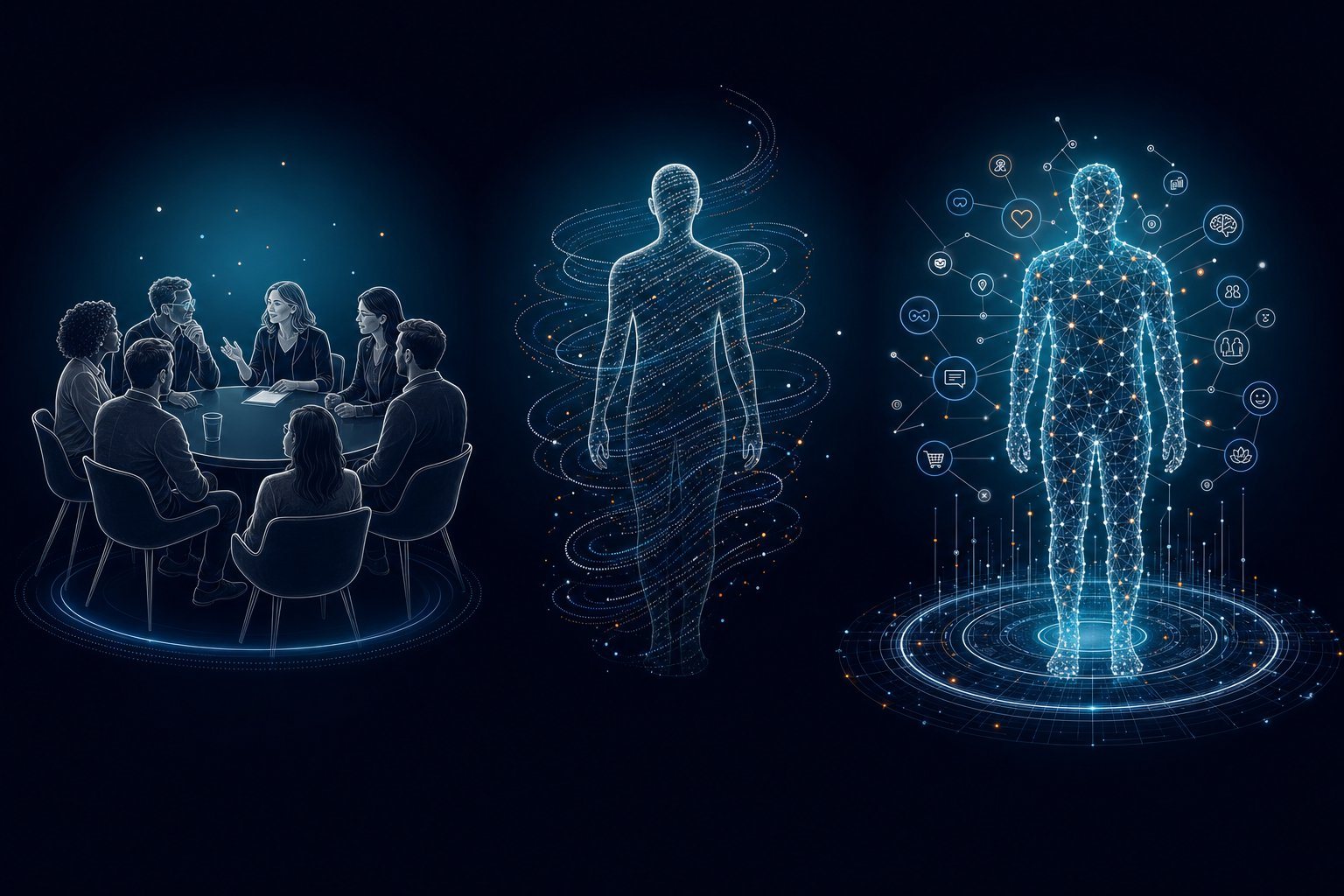 Illustration der drei Methoden im Vergleich: Fokusgruppe am Tisch, Synthetic Respondent als Prompt-Silhouette, Digital Twin aus echten Datenpunkten